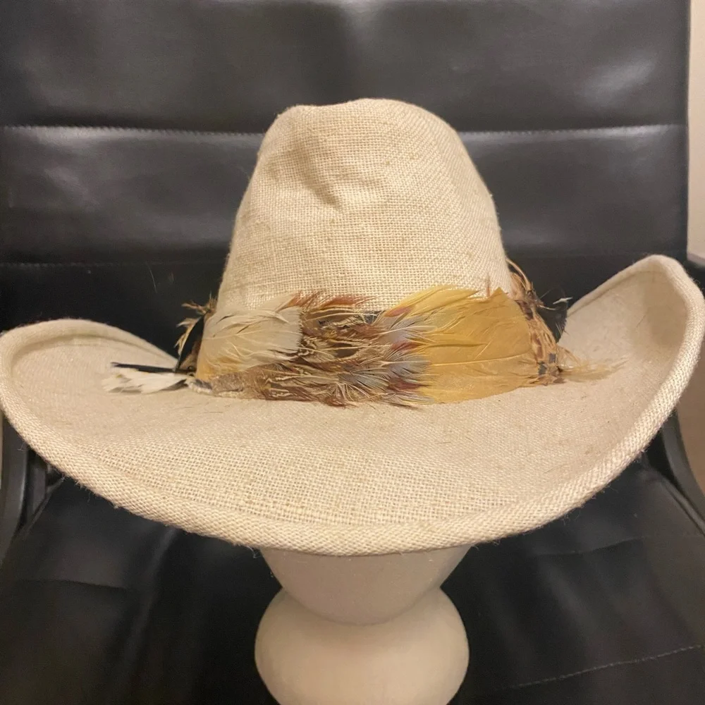 Vintage VTG Resistol Beige Ivory Canvas Western Cowboy Hat Feathers - Picture 3 of 4